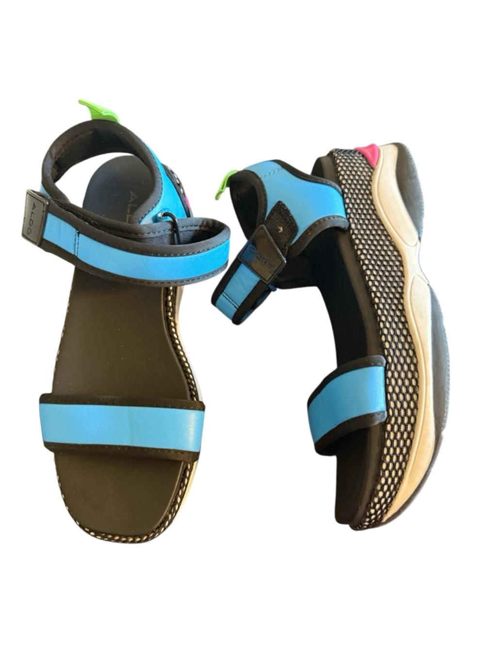 ALDO Bohemina Bright Multi Platform Sandals Blue Pink Green Mesh Size 7.5